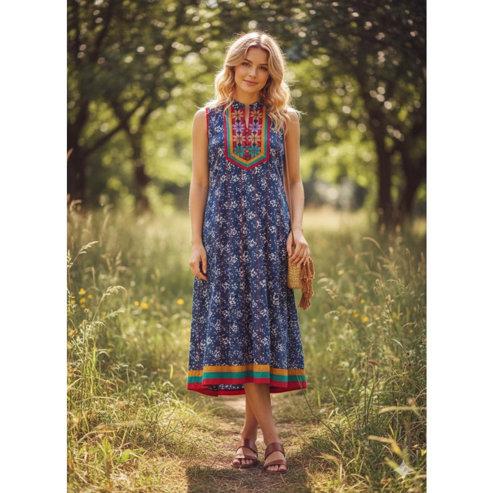 Navy Bibbed Cottagecore Sleeveless Midi Dress Size 40
